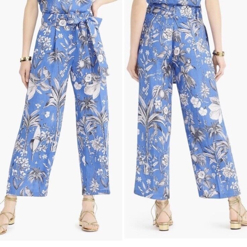 J. Crew 100% Linen Wide Leg Tropical Toile Bird Pants Sz 2